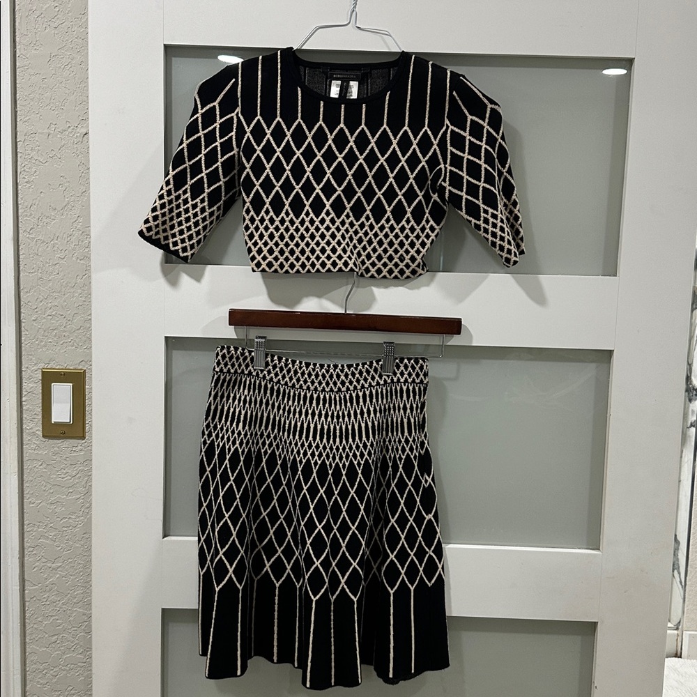 BCBGMaxAzria Black and Cream Geometric Knit Skirt & Top Set